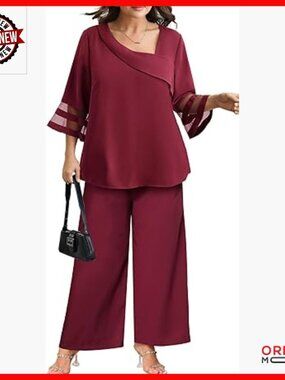 Plus Size 2 Piece Pant Suit Mesh Panel Bell Sleeve Outfit Dressy Casual
